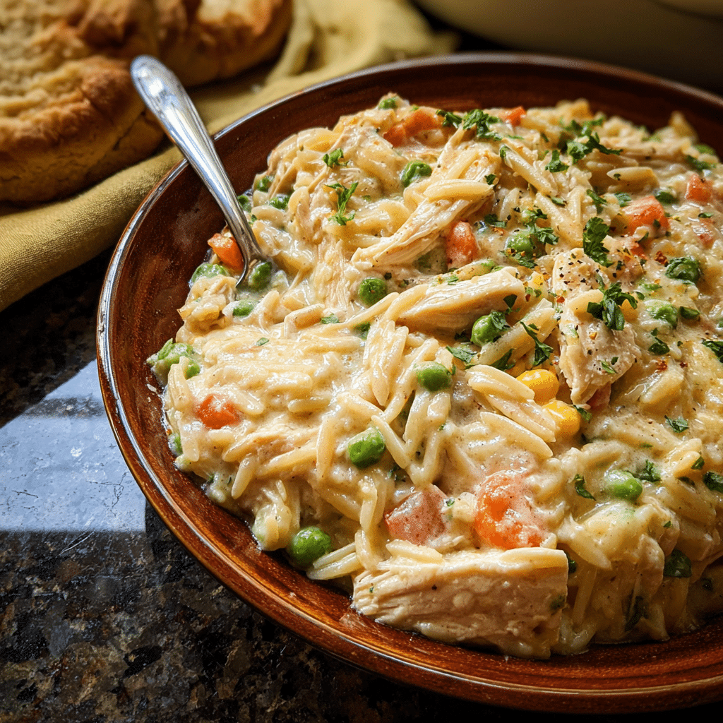 Creamy Chicken Pot Pie with Orzo & Shredded Chicken (Easy Cozy Dinner)
