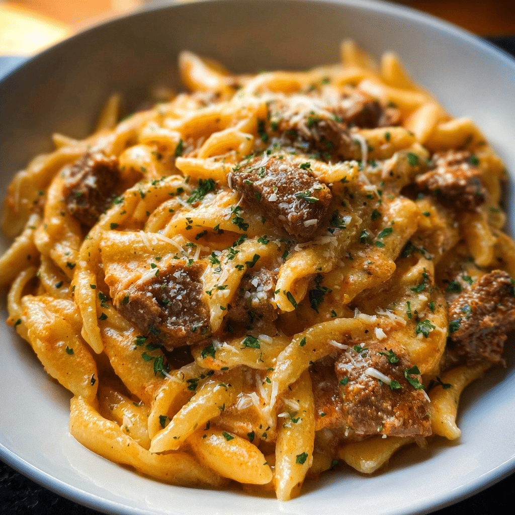 Easy Healthier Creamy Garlic Beef Pasta (Lighter 30-Minute Dinner)
