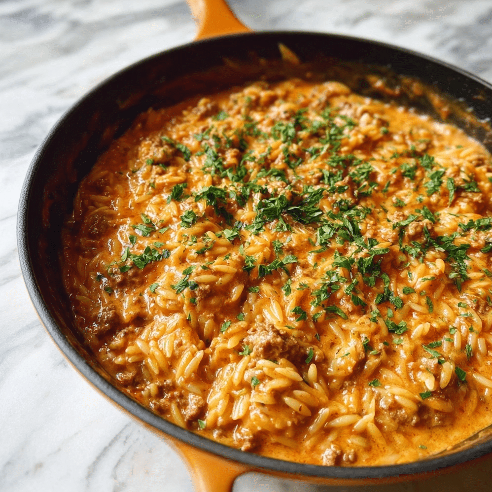 Ground Beef Orzo with Tomato Cream Sauce (Easy 30-Minute One-Pan Dinner)