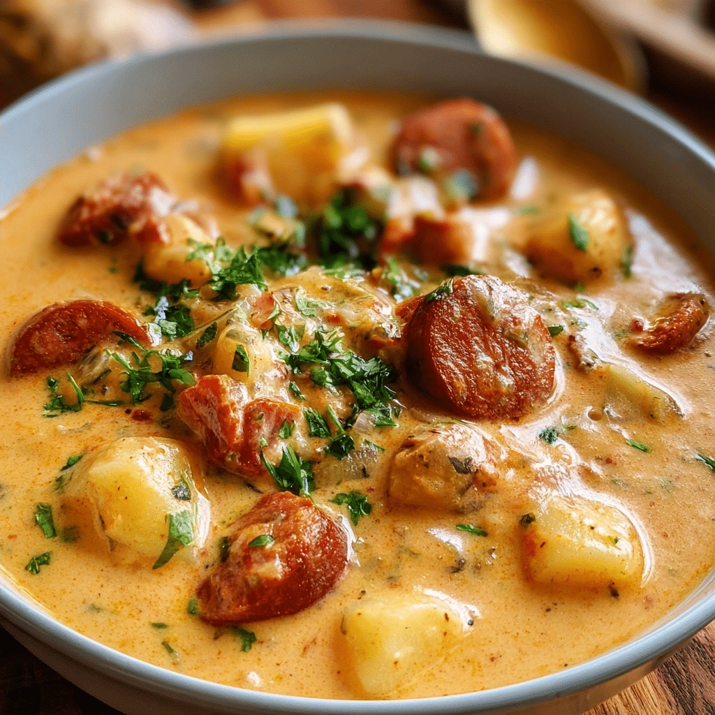 Creamy Cajun Potato Soup with Smoked Beef Sausage